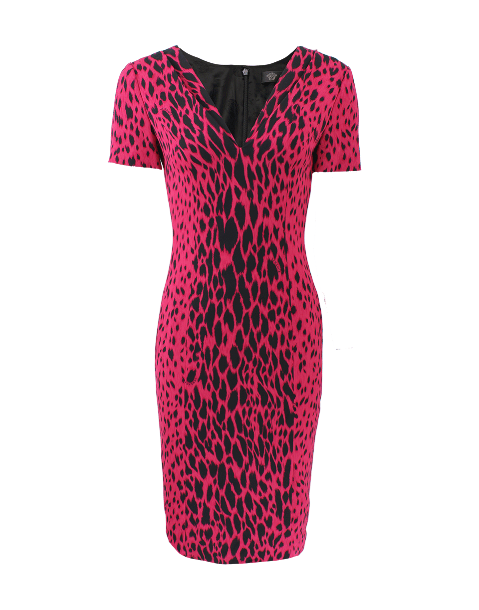VERSACE-V-Neck Fitted Leopard Dress-