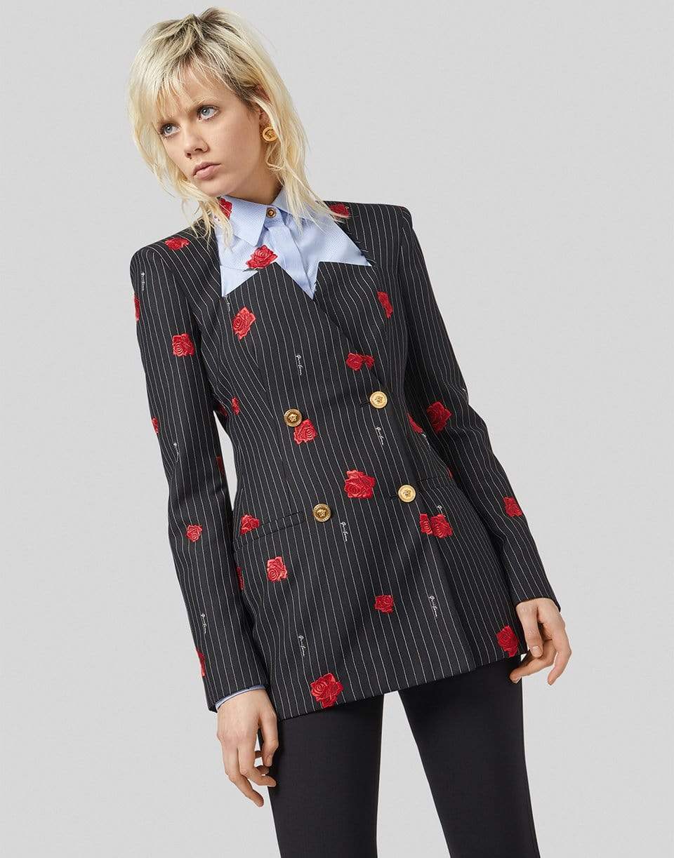 VERSACE-Rose Print Striped Double Breasted Jacket-