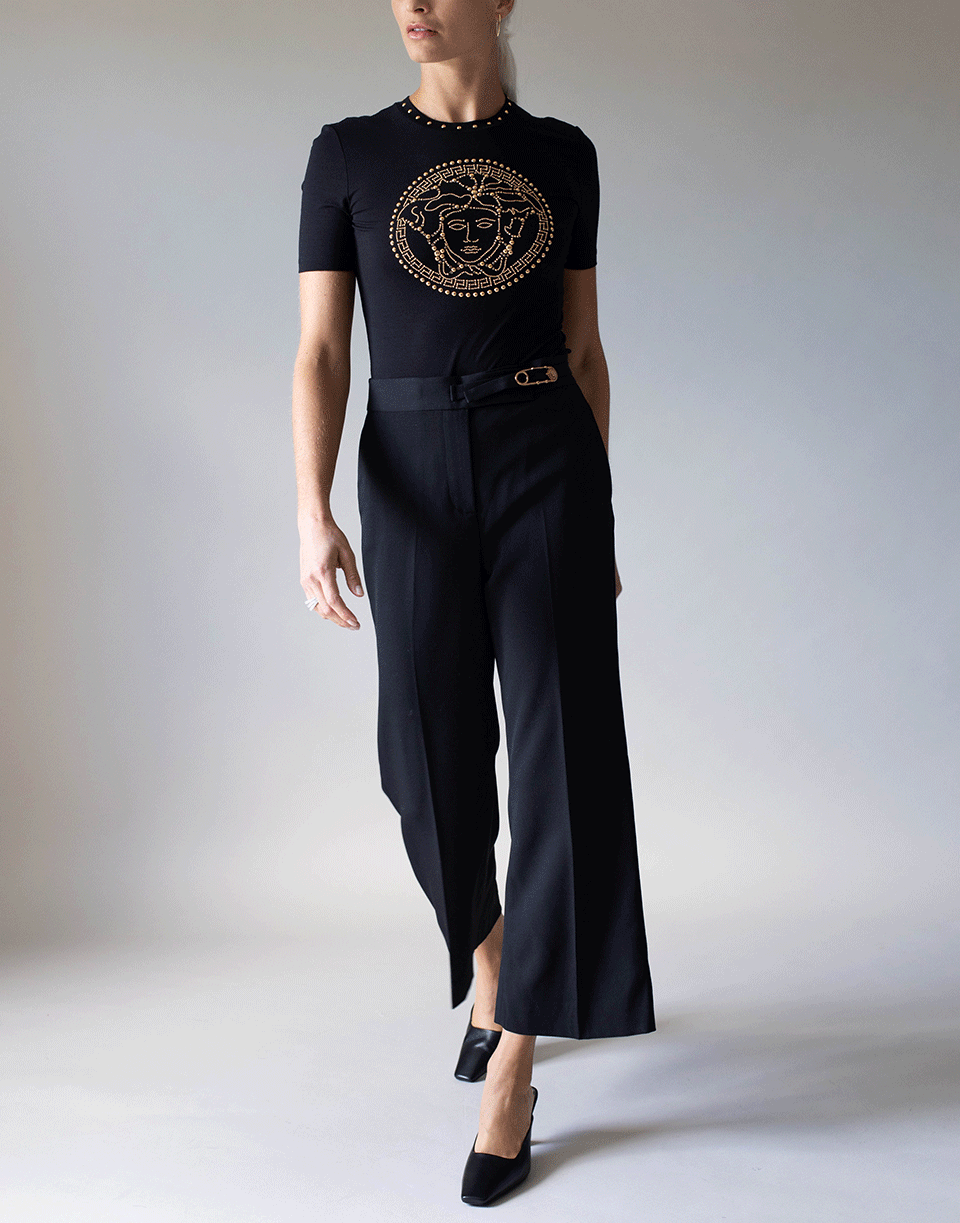 VERSACE-Black Wool Gold Pin Cropped Flared Trouser-