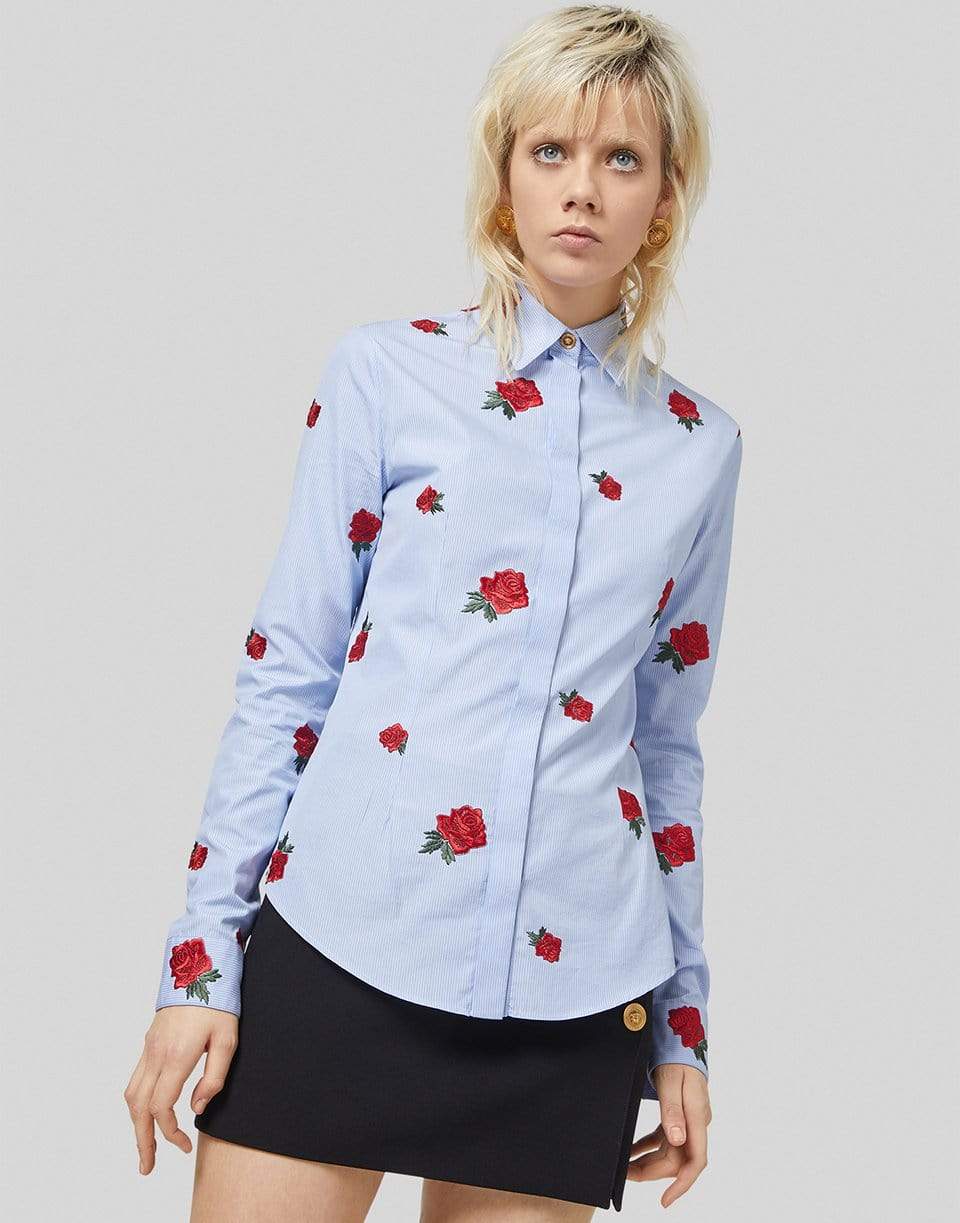 VERSACE-Rose Embroidered Striped Shirt-