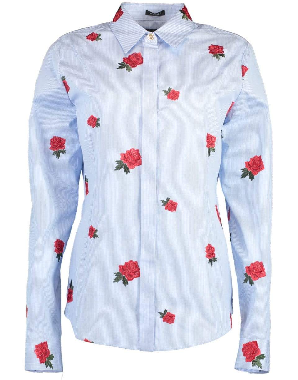 VERSACE-Rose Embroidered Striped Shirt-