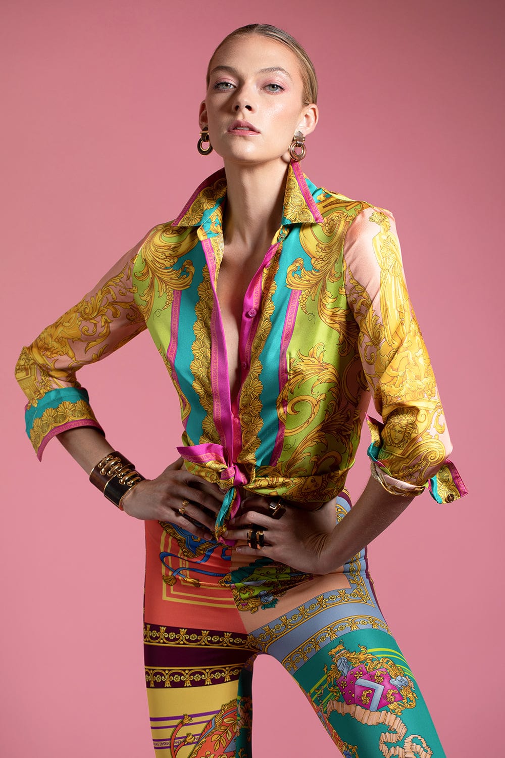VERSACE-Long Sleeve Button Front Blouse-