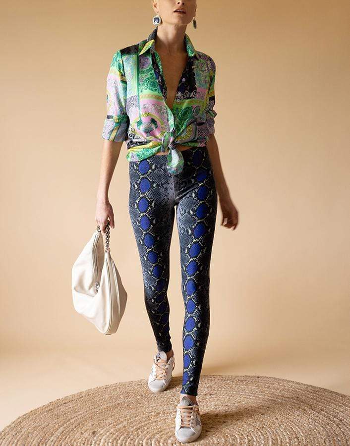 VERSACE-Long Sleeve Patchwork Button Down Silk Blouse-