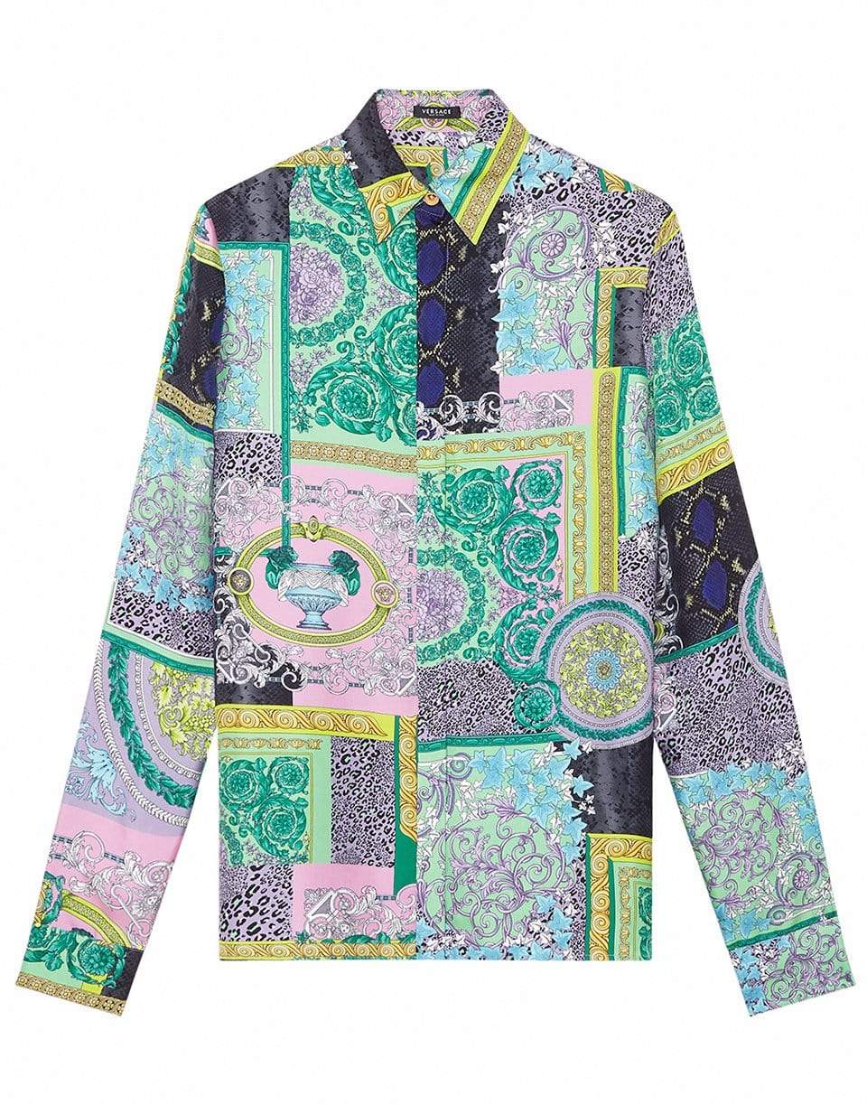 VERSACE-Long Sleeve Patchwork Button Down Silk Blouse-