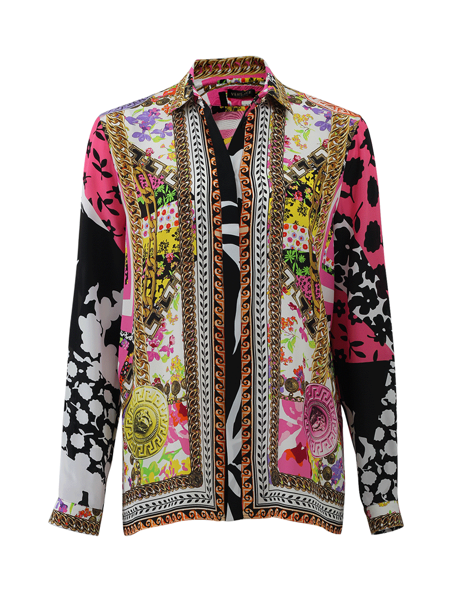 VERSACE-Floral And Chain Silk Blouse-