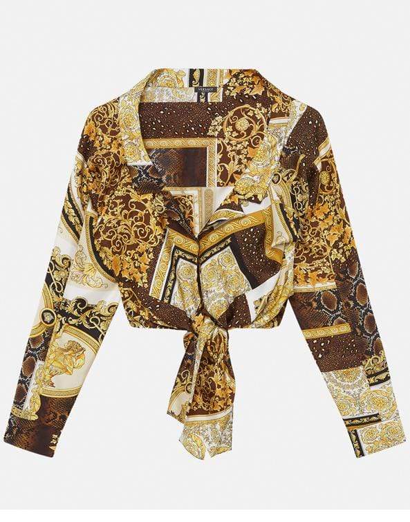 VERSACE-Printed Cropped Tie Front Shirt-