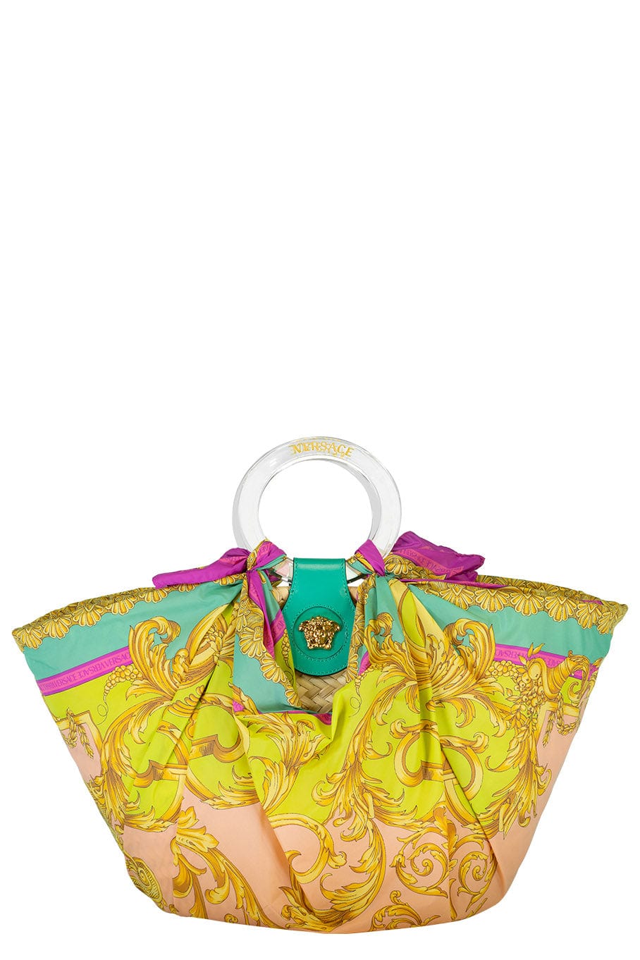 VERSACE-Raffia Tote With Scarf Detail-MULTI