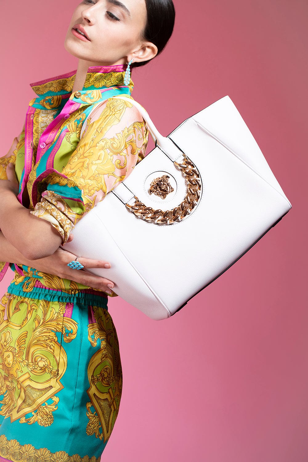 VERSACE-Medium Top Handle Structured Bag-OPTIC WHITE
