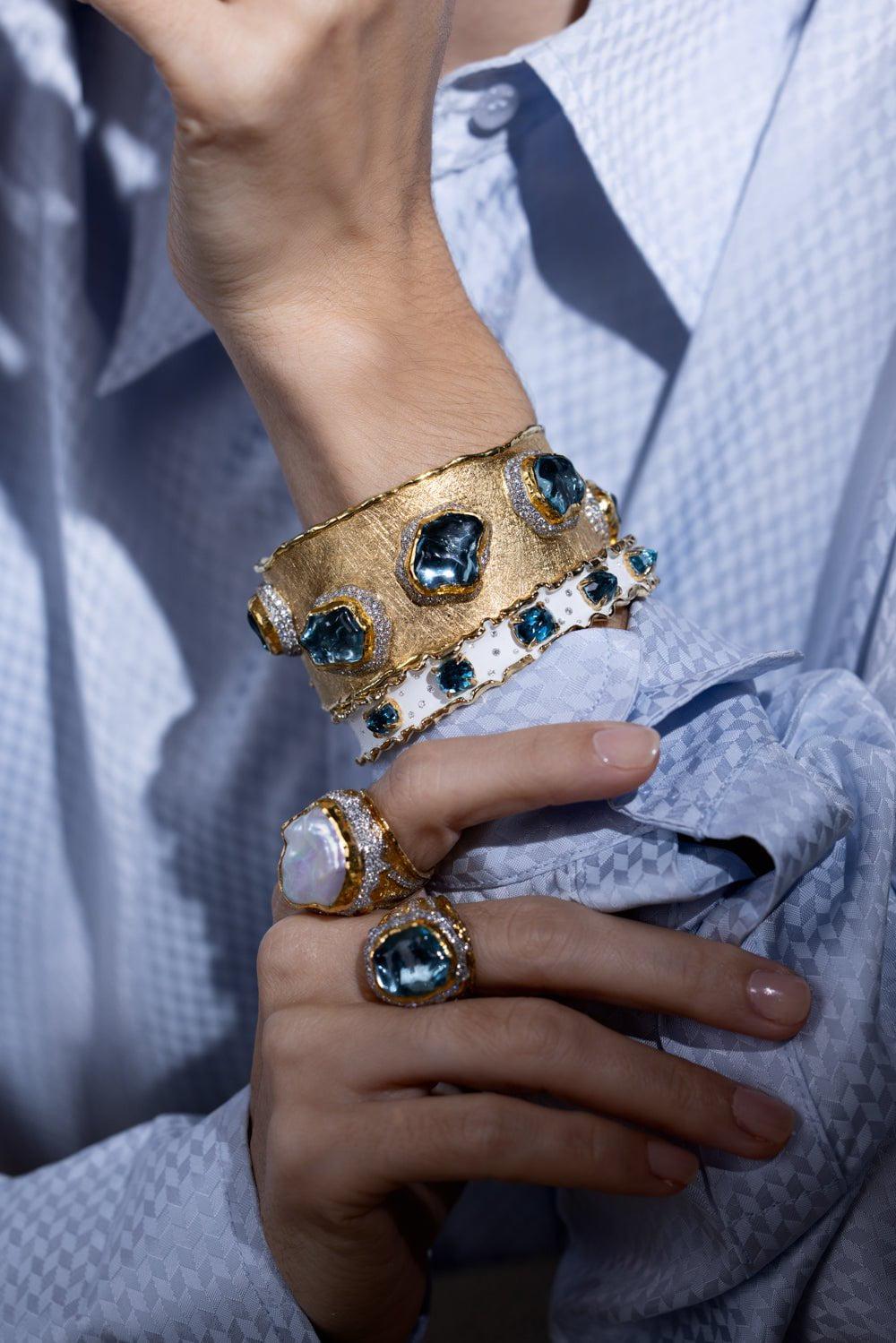 VICTOR VELYAN-Aquamarine Diamond Cuff Bracelet-YELLOW GOLD