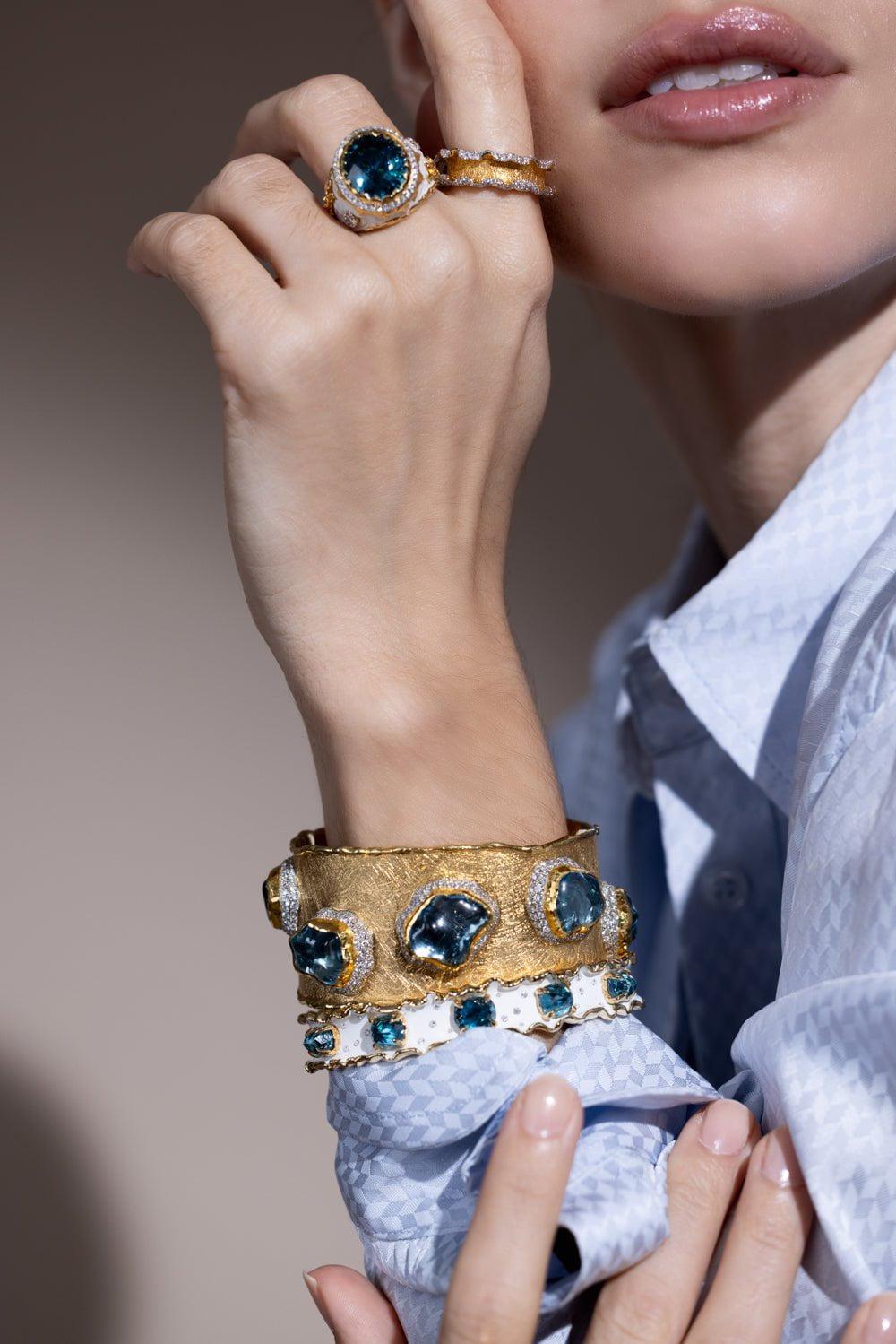VICTOR VELYAN-Aquamarine Diamond Cuff Bracelet-YELLOW GOLD