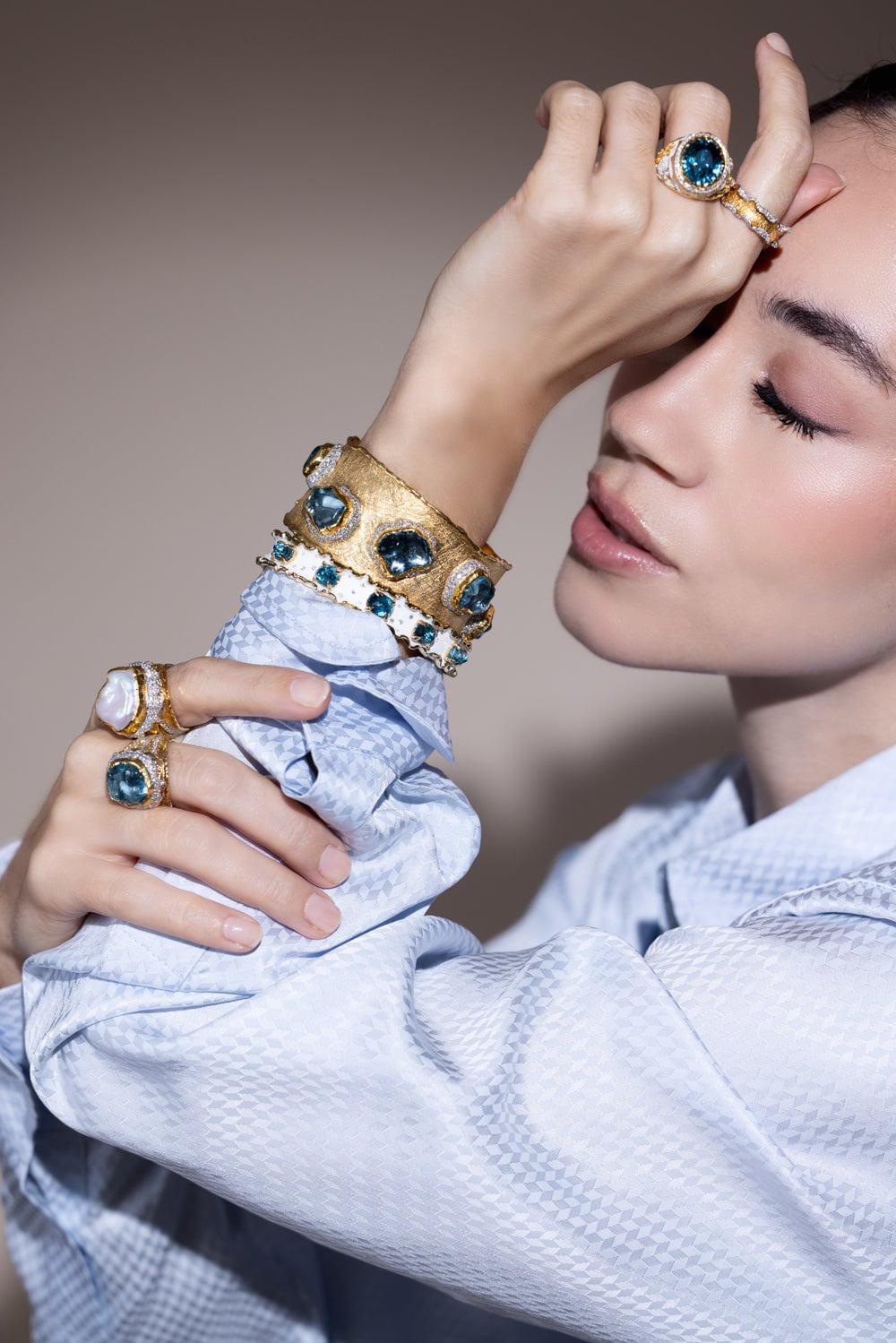 VICTOR VELYAN-Aquamarine Diamond Cuff Bracelet-YELLOW GOLD