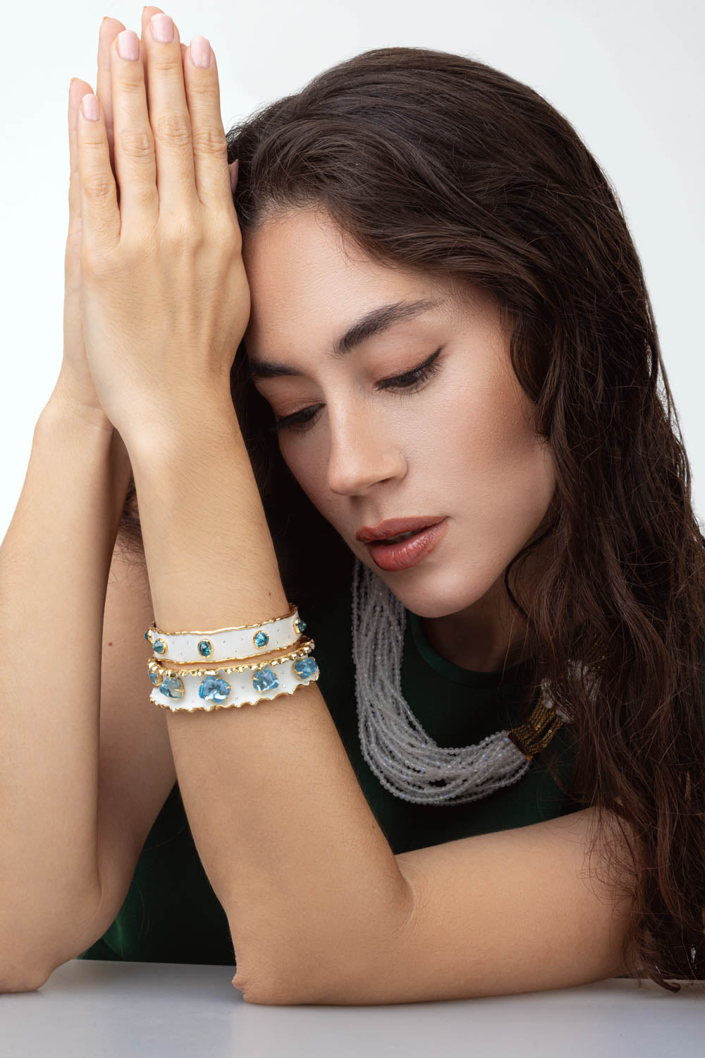 Aquamarine Diamond Frosted Bracelet-YELLOW GOLD-JEWELRYFINE JEWELBRACELET O-VICTOR VELYAN