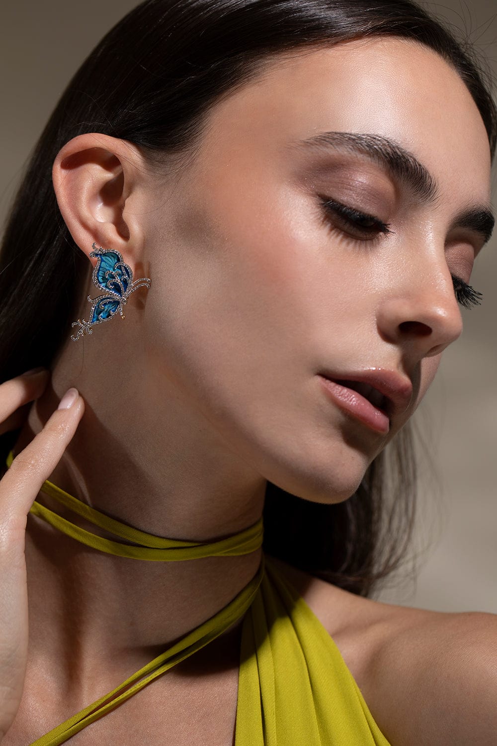 VICTOR VELYAN-Blue Enamel Diamond Butterfly Earrings-WHITE GOLD