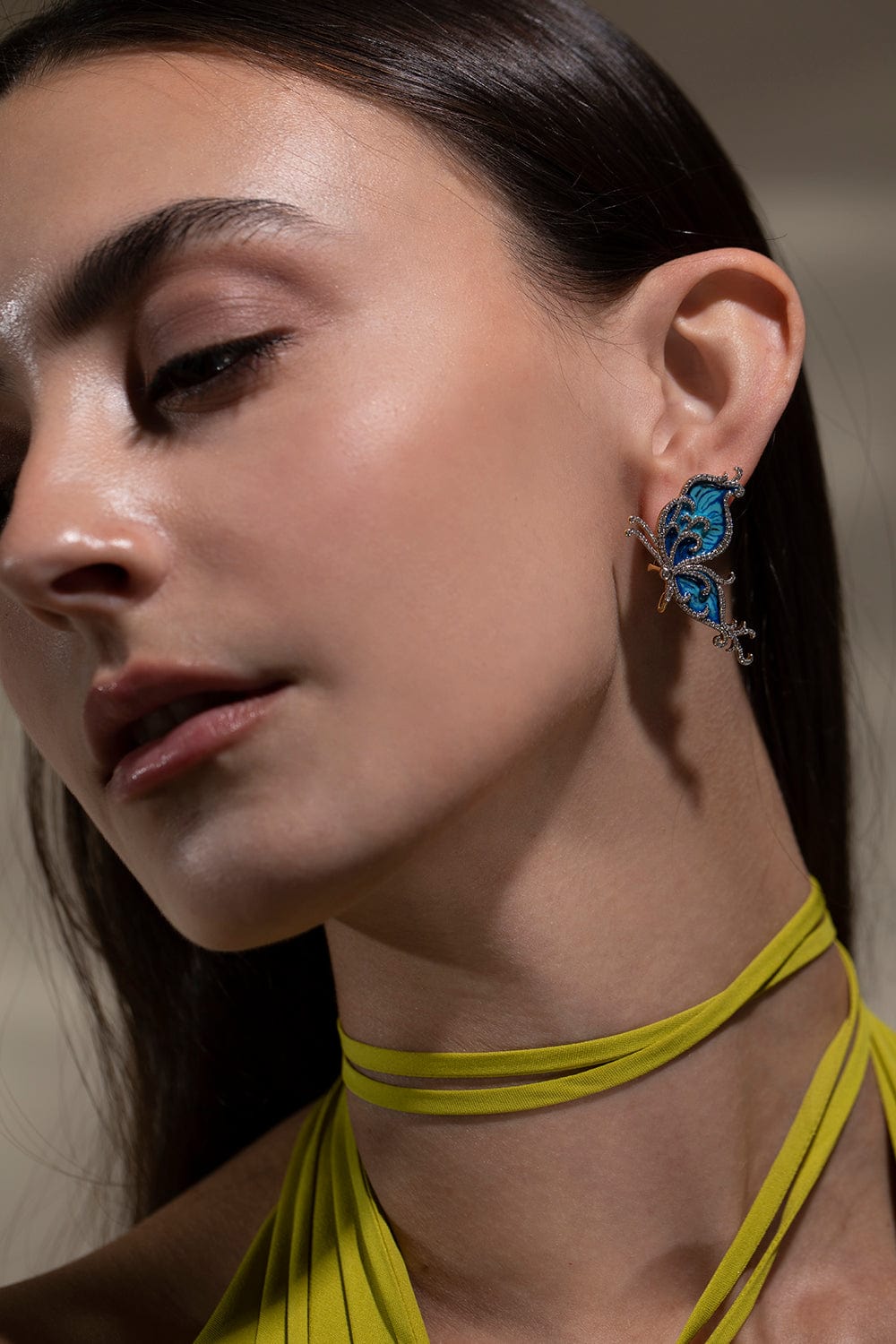 VICTOR VELYAN-Blue Enamel Diamond Butterfly Earrings-WHITE GOLD