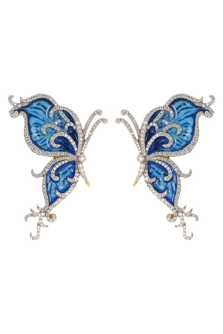 VICTOR VELYAN-Blue Enamel Diamond Butterfly Earrings-WHITE GOLD