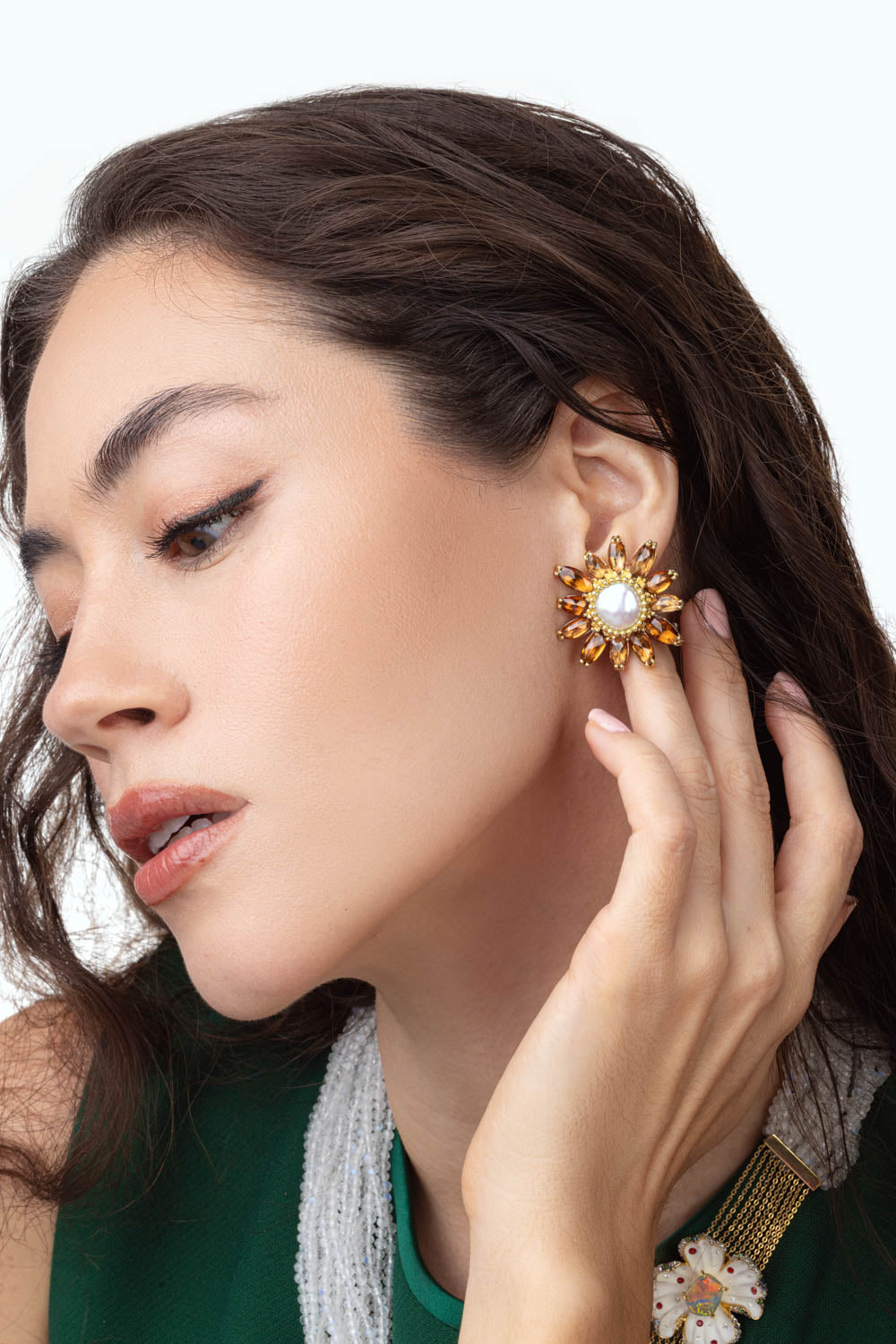 Brown Zircon Flower Earrings-YELLOW GOLD-JEWELRYFINE JEWELEARRING-VICTOR VELYAN