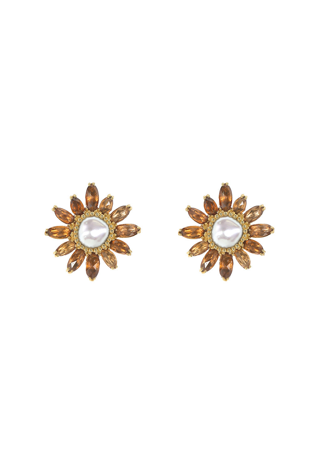 Brown Zircon Flower Earrings-YELLOW GOLD-JEWELRYFINE JEWELEARRING-VICTOR VELYAN