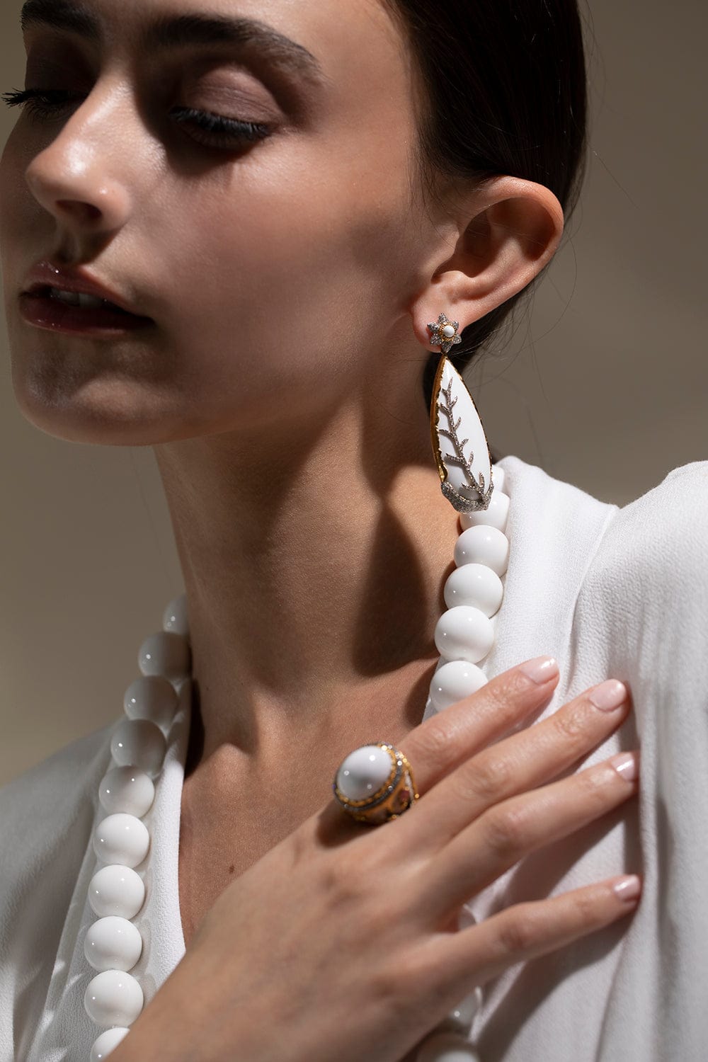 VICTOR VELYAN-Cacholong Diamond Earrings-YELLOW GOLD