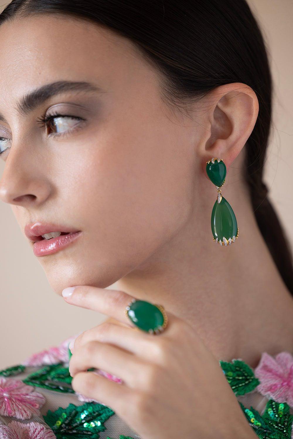 VICTOR VELYAN-Green Agate Diamond Earrings-YELLOW GOLD