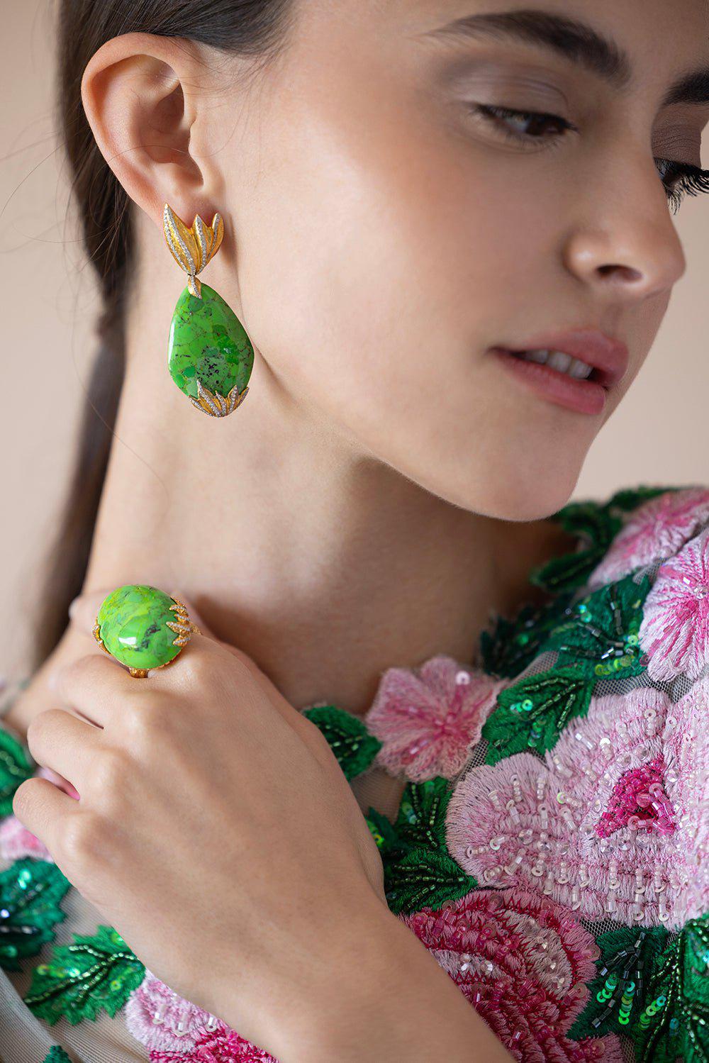 VICTOR VELYAN-Green Turquoise Diamond Earrings-YELLOW GOLD