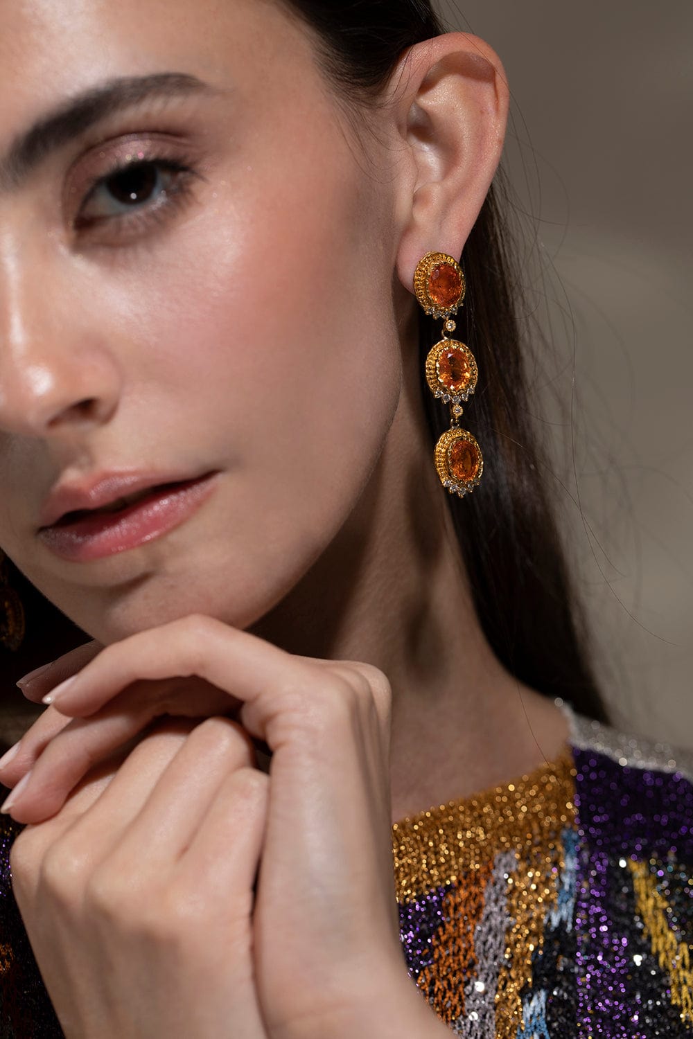 VICTOR VELYAN-Mandarine Garnet Diamond 3 Drop Earrings-YELLOW GOLD