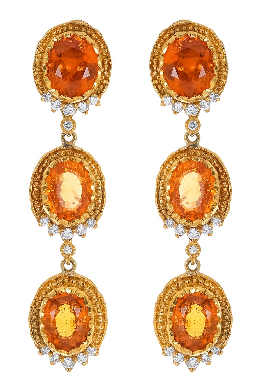 VICTOR VELYAN-Mandarine Garnet Diamond 3 Drop Earrings-YELLOW GOLD