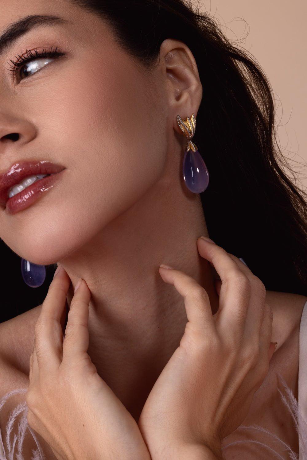 VICTOR VELYAN-Moon Quartz Diamond Drop Earrings-YELLOW GOLD