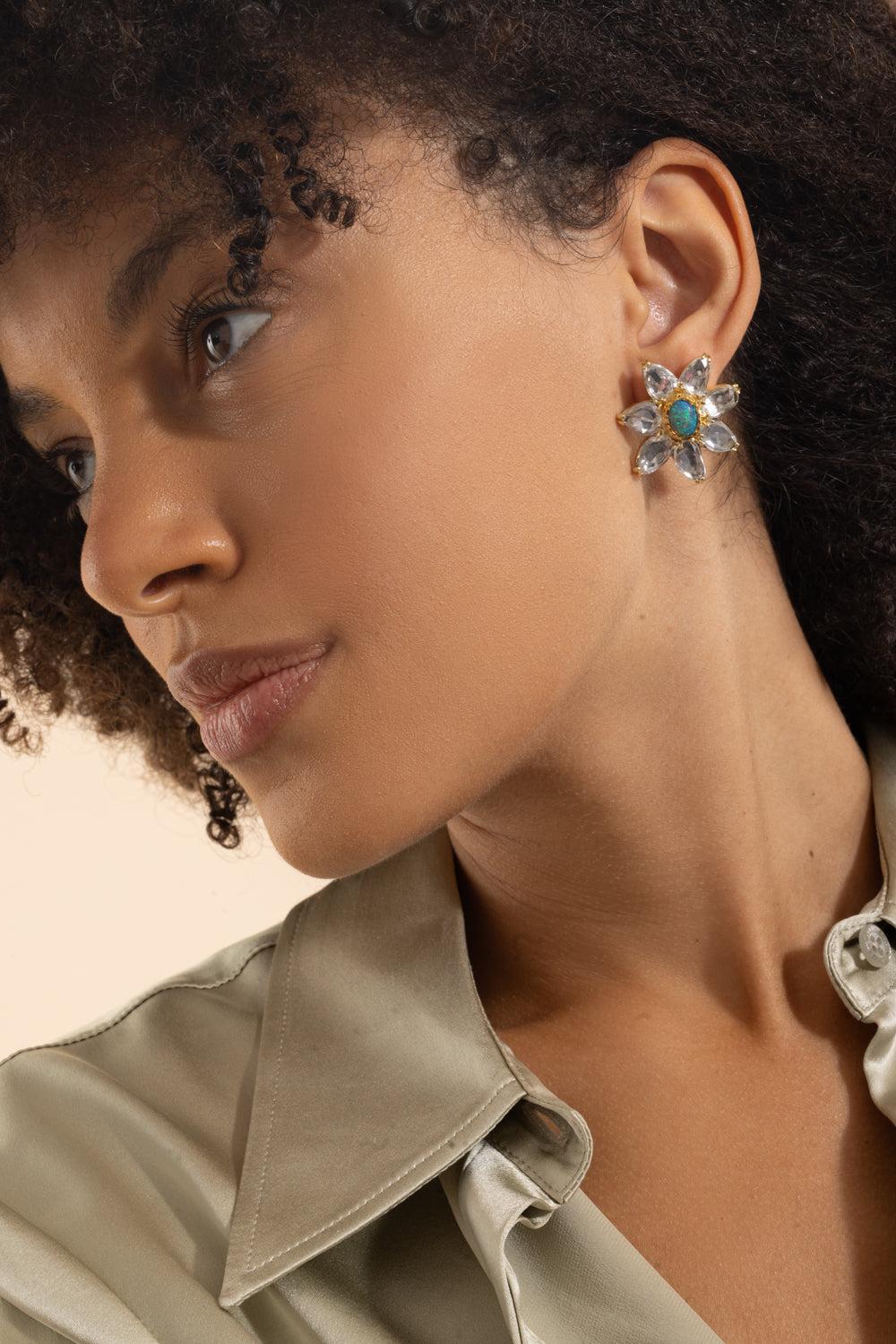 White Sapphire Black Opal Flower Earrings-YELLOW GOLD-JEWELRYFINE JEWELEARRING-VICTOR VELYAN