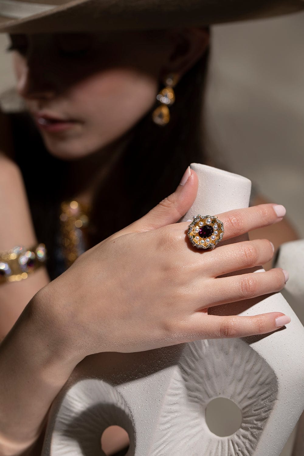 VICTOR VELYAN-Purple Garnet Diamond Pearl Ring-YELLOW GOLD