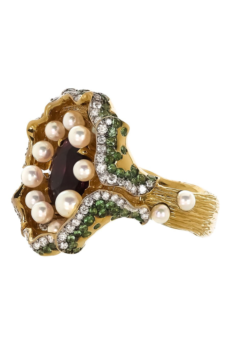 VICTOR VELYAN-Purple Garnet Diamond Pearl Ring-YELLOW GOLD