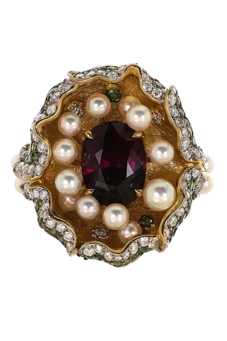 VICTOR VELYAN-Purple Garnet Diamond Pearl Ring-YELLOW GOLD
