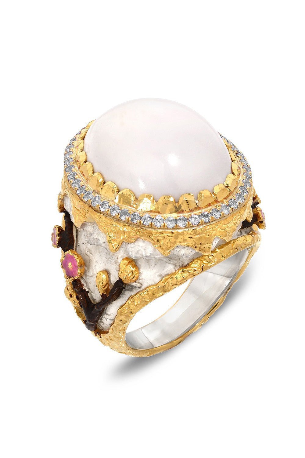 VICTOR VELYAN-Cacholong Opal Diamond Floral Ring-YELLOW GOLD
