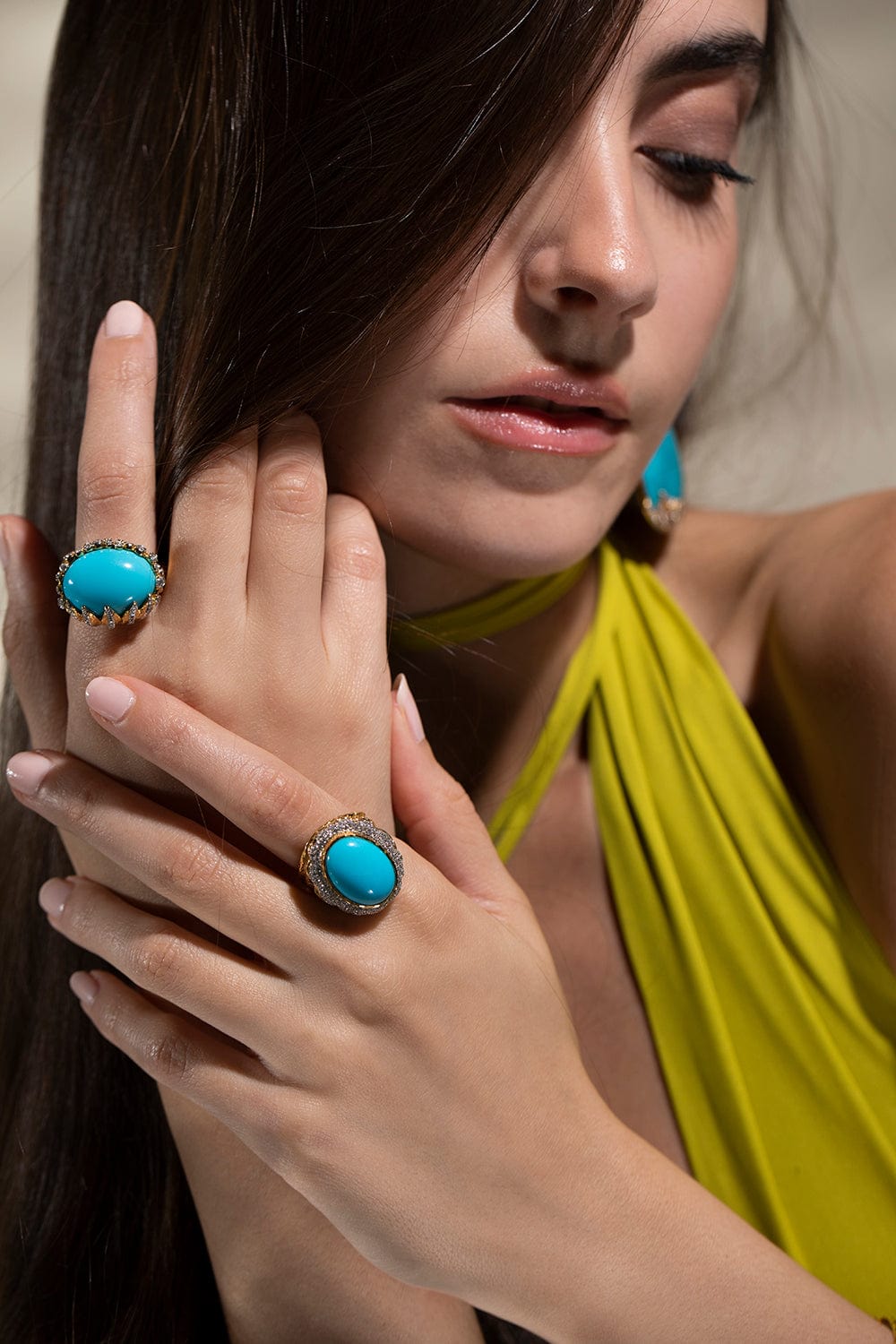 VICTOR VELYAN-Oval Turquoise Diamond Ring-YELLOW GOLD