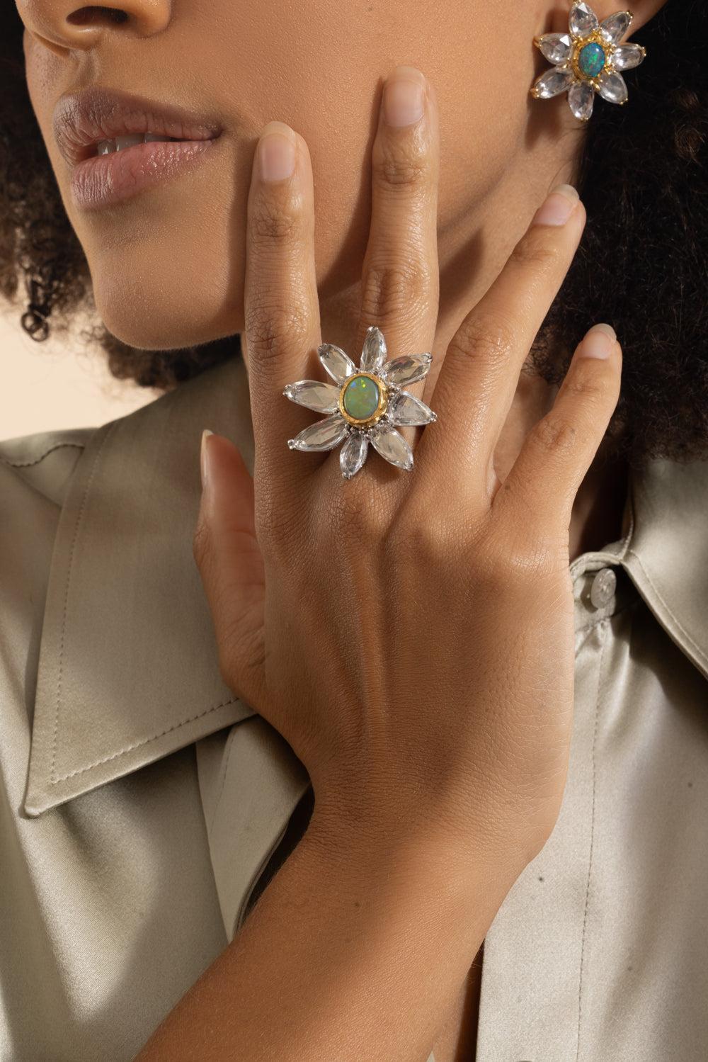 White Sapphire Black Opal Flower Ring-YELLOW GOLD-7-JEWELRYFINE JEWELRING-VICTOR VELYAN