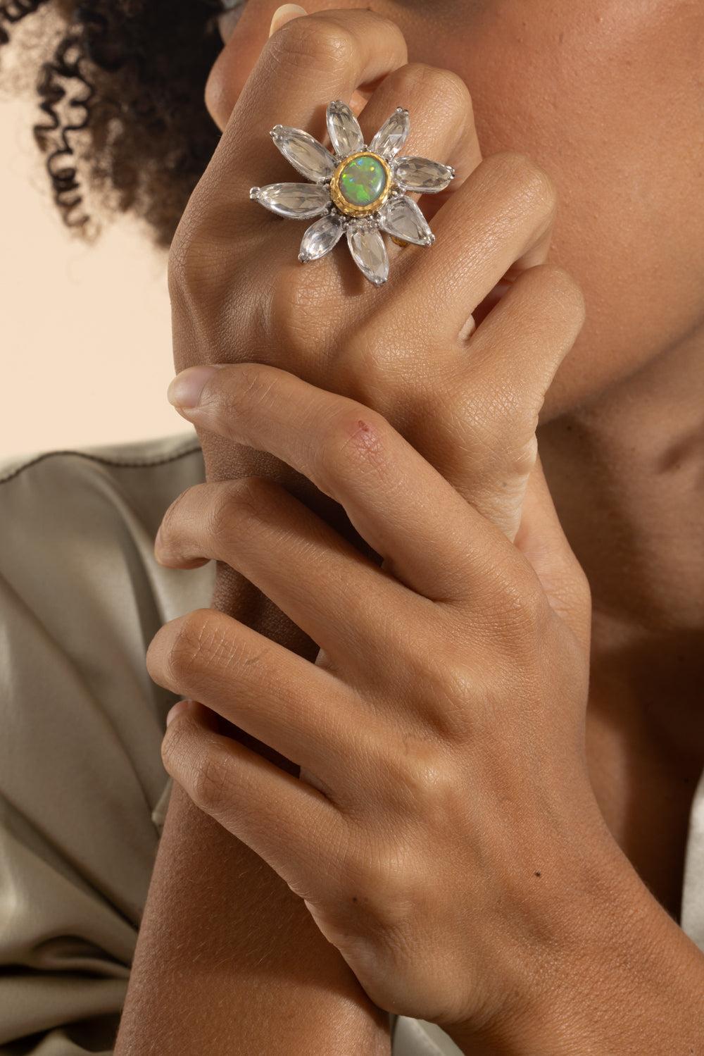 White Sapphire Black Opal Flower Ring-YELLOW GOLD-7-JEWELRYFINE JEWELRING-VICTOR VELYAN