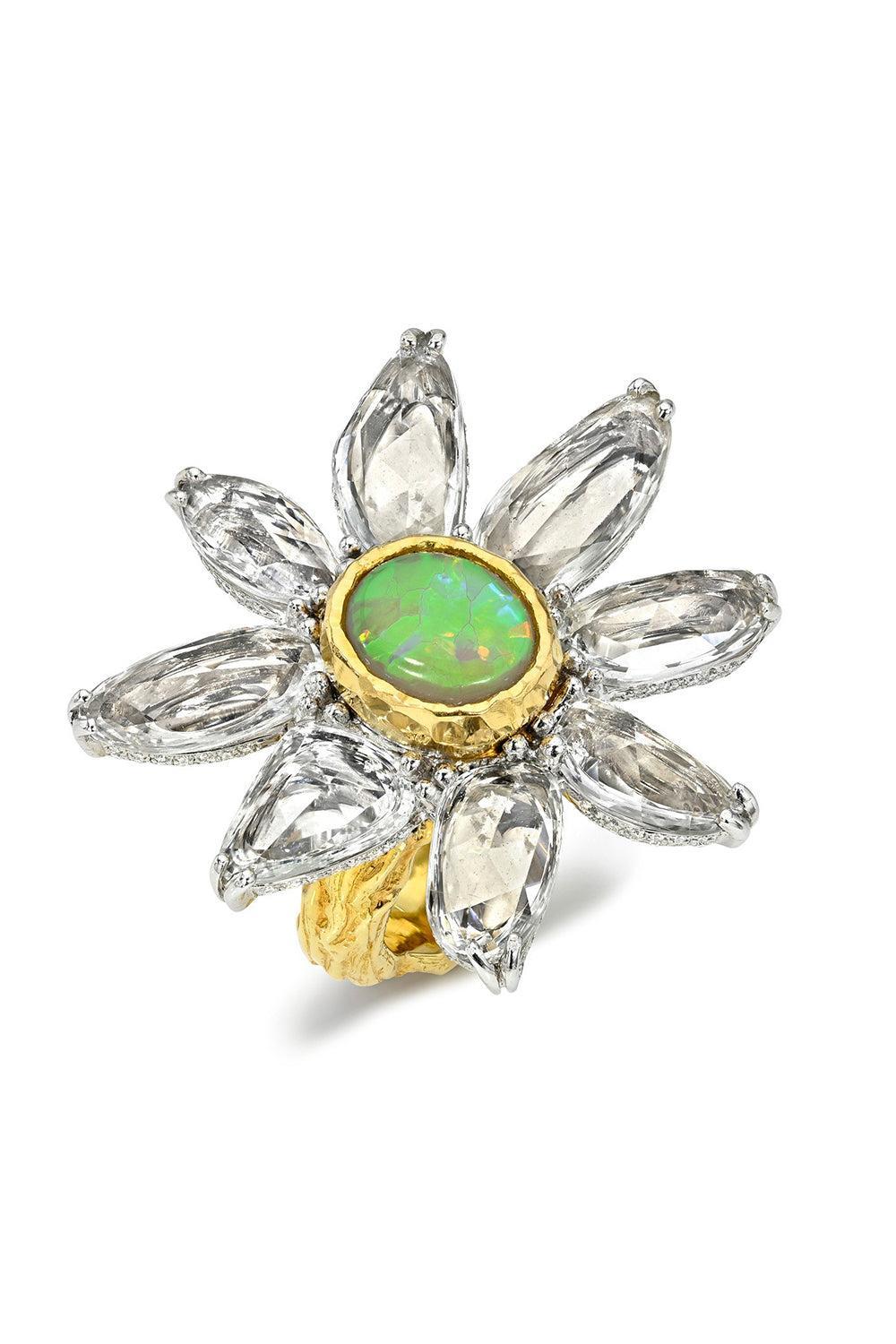 White Sapphire Black Opal Flower Ring-YELLOW GOLD-7-JEWELRYFINE JEWELRING-VICTOR VELYAN