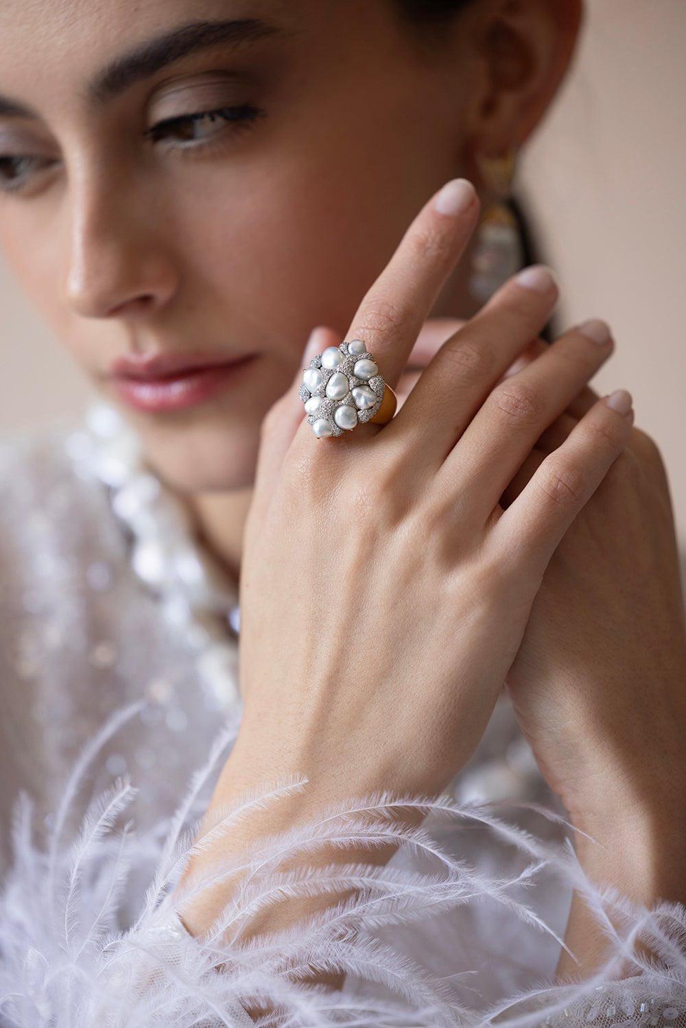 VICTOR VELYAN-Diamond Pearl Mozaic Ring-YELLOW GOLD