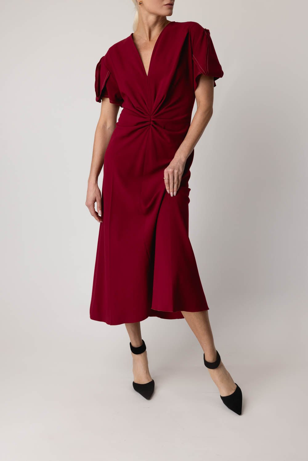 VICTORIA BECKHAM-Gathered Waist Midi Dress - Oxblood-