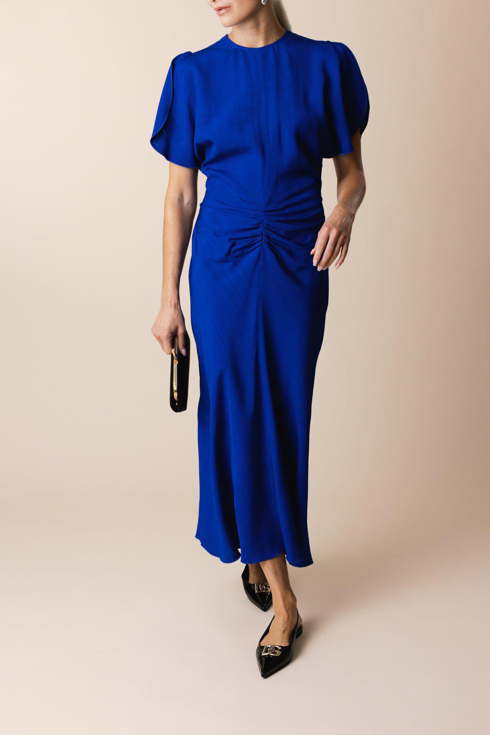 VICTORIA BECKHAM-Gathered Waist Midi Dress - Palace Blue-