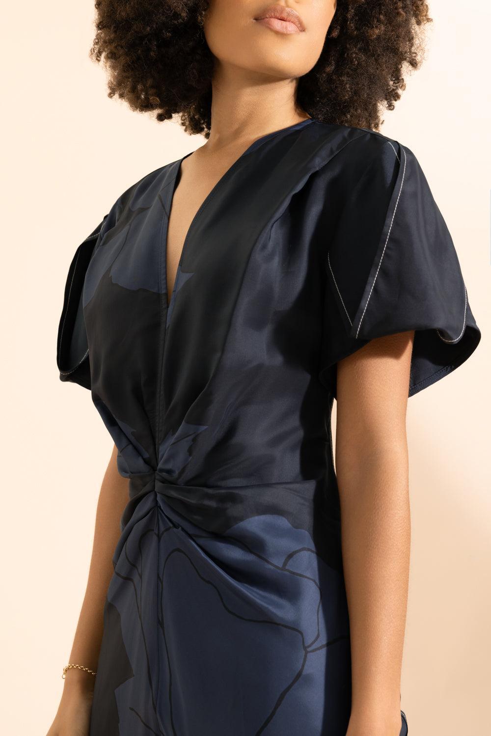 Gathered V-Neck Midi Dress-BLUE-0-CLOTHINGDRESSCOCKTAIL-VICTORIA BECKHAM