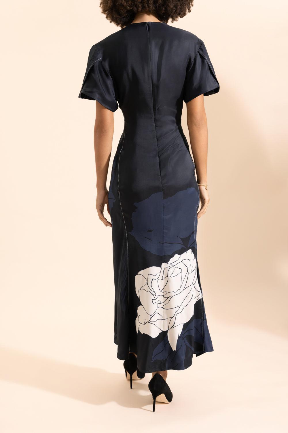 Gathered V-Neck Midi Dress-BLUE-0-CLOTHINGDRESSCOCKTAIL-VICTORIA BECKHAM