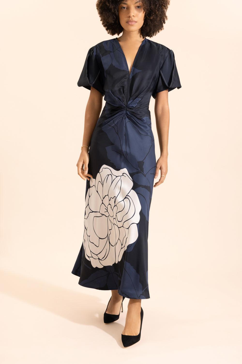 Gathered V-Neck Midi Dress-BLUE-0-CLOTHINGDRESSCOCKTAIL-VICTORIA BECKHAM