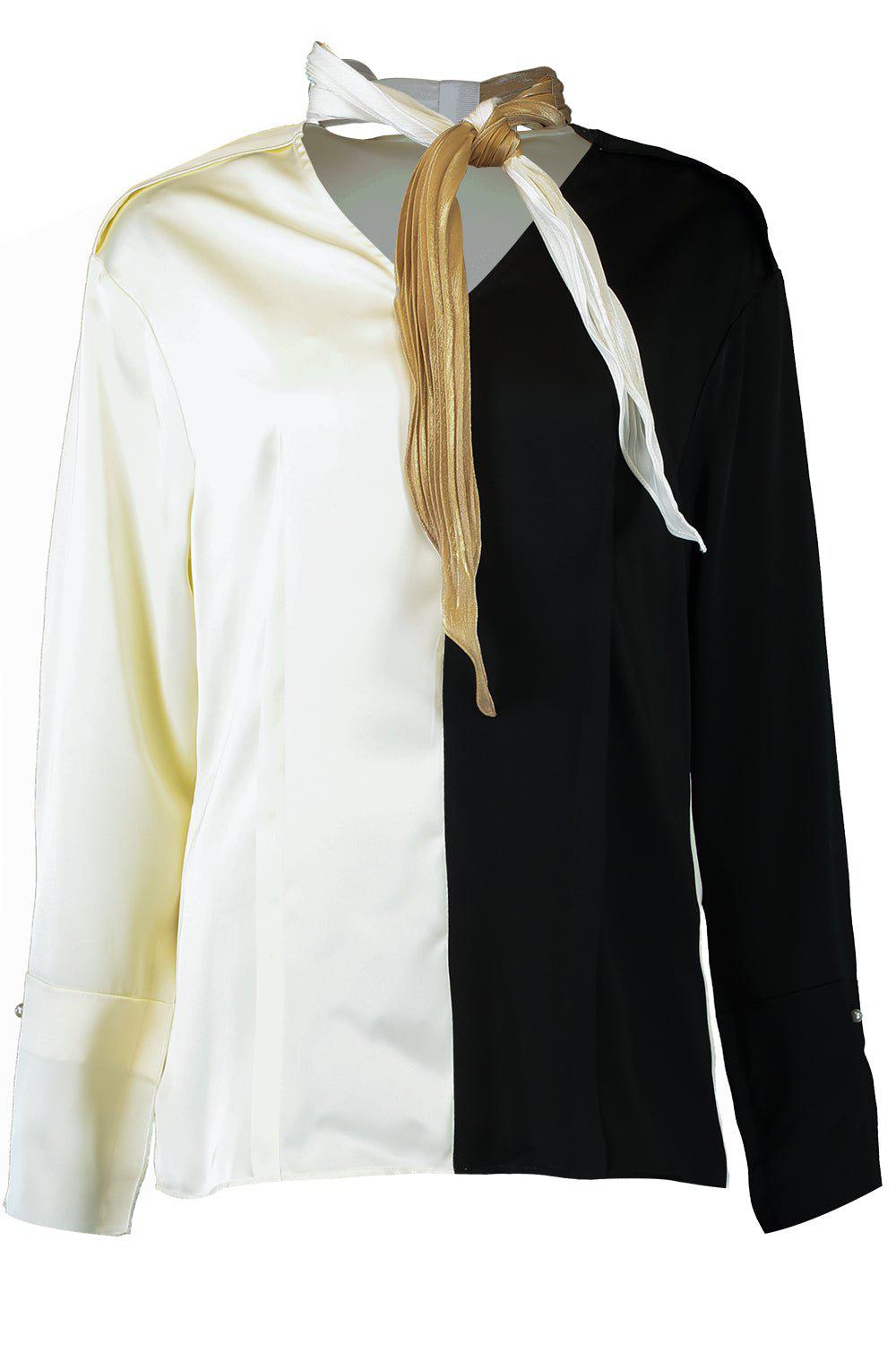 VICTORIA BECKHAM-Tie Neck Colorblock Blouse-