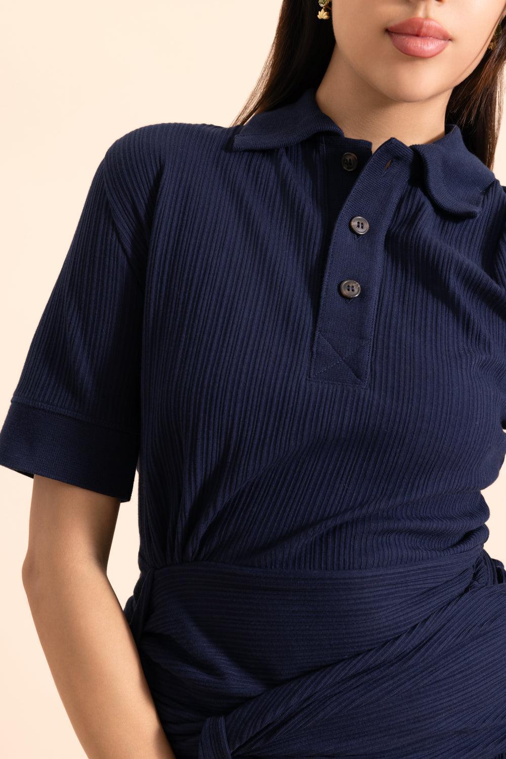 Twist Detail Polo Top - Navy-BLUE-XS-CLOTHINGTOPKNITS-VICTORIA BECKHAM