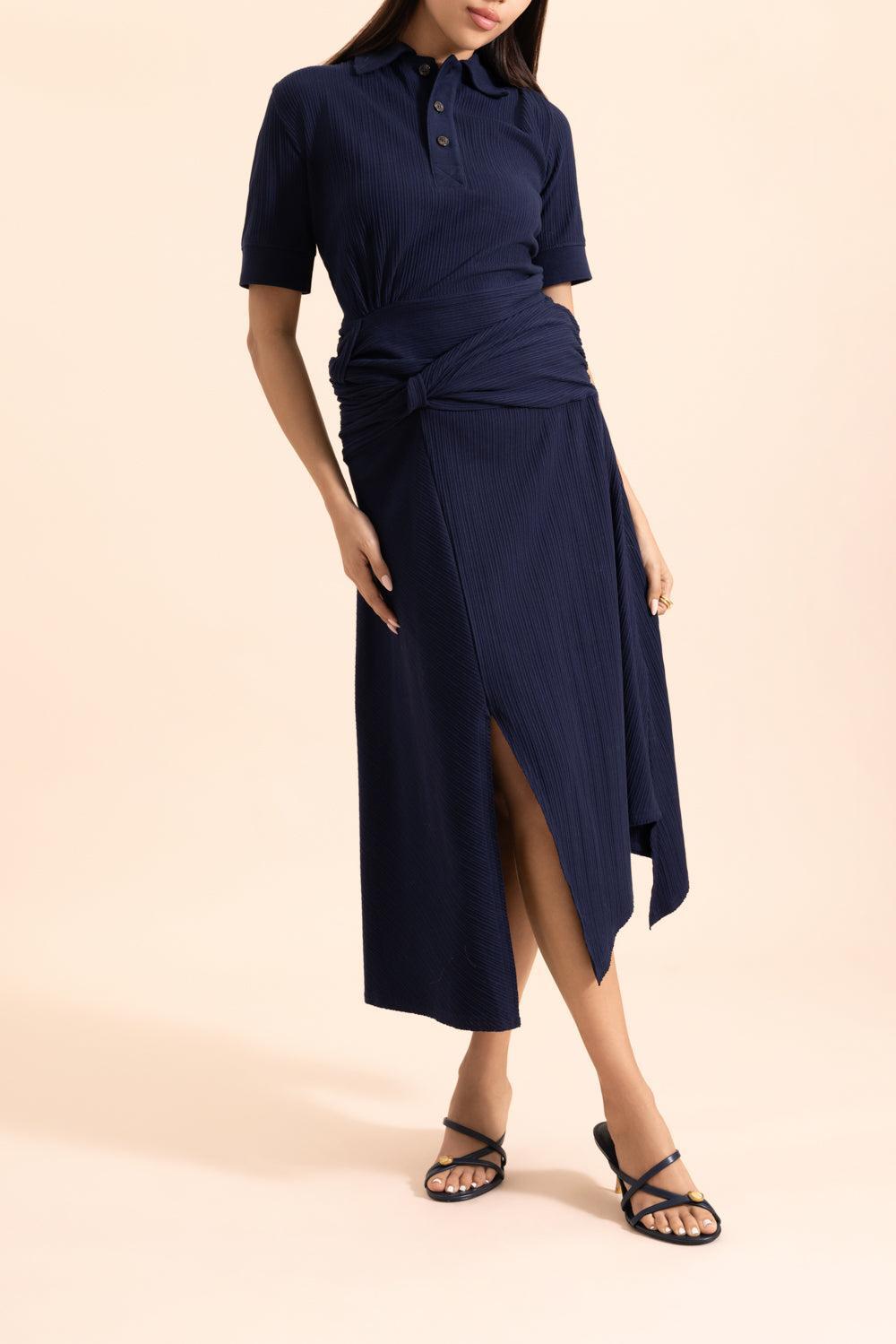 Twist Detail Polo Top - Navy-BLUE-XS-CLOTHINGTOPKNITS-VICTORIA BECKHAM