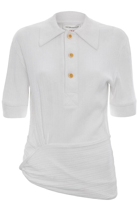 Twist Detail Polo Top - White-WHITE-XS-CLOTHINGTOPKNITS-VICTORIA BECKHAM