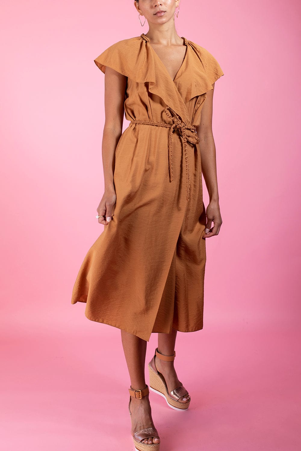 VINCE-Braid Trim Belted Wrap Dress-
