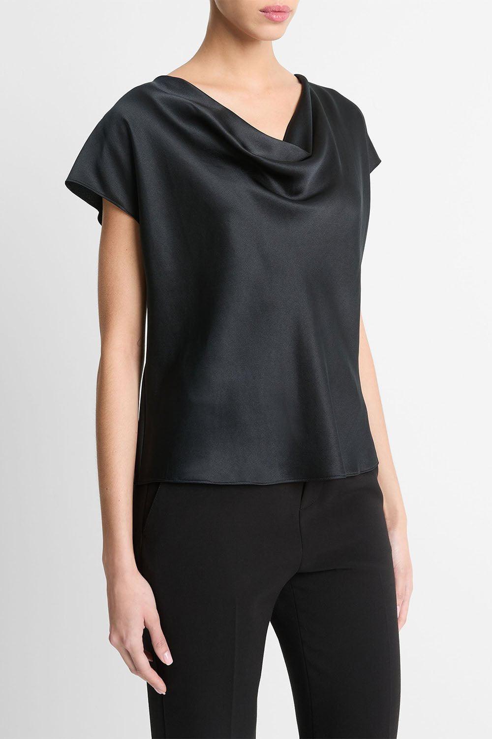 VINCE-Cowl Neck Cap Sleeve Blouse - Black-