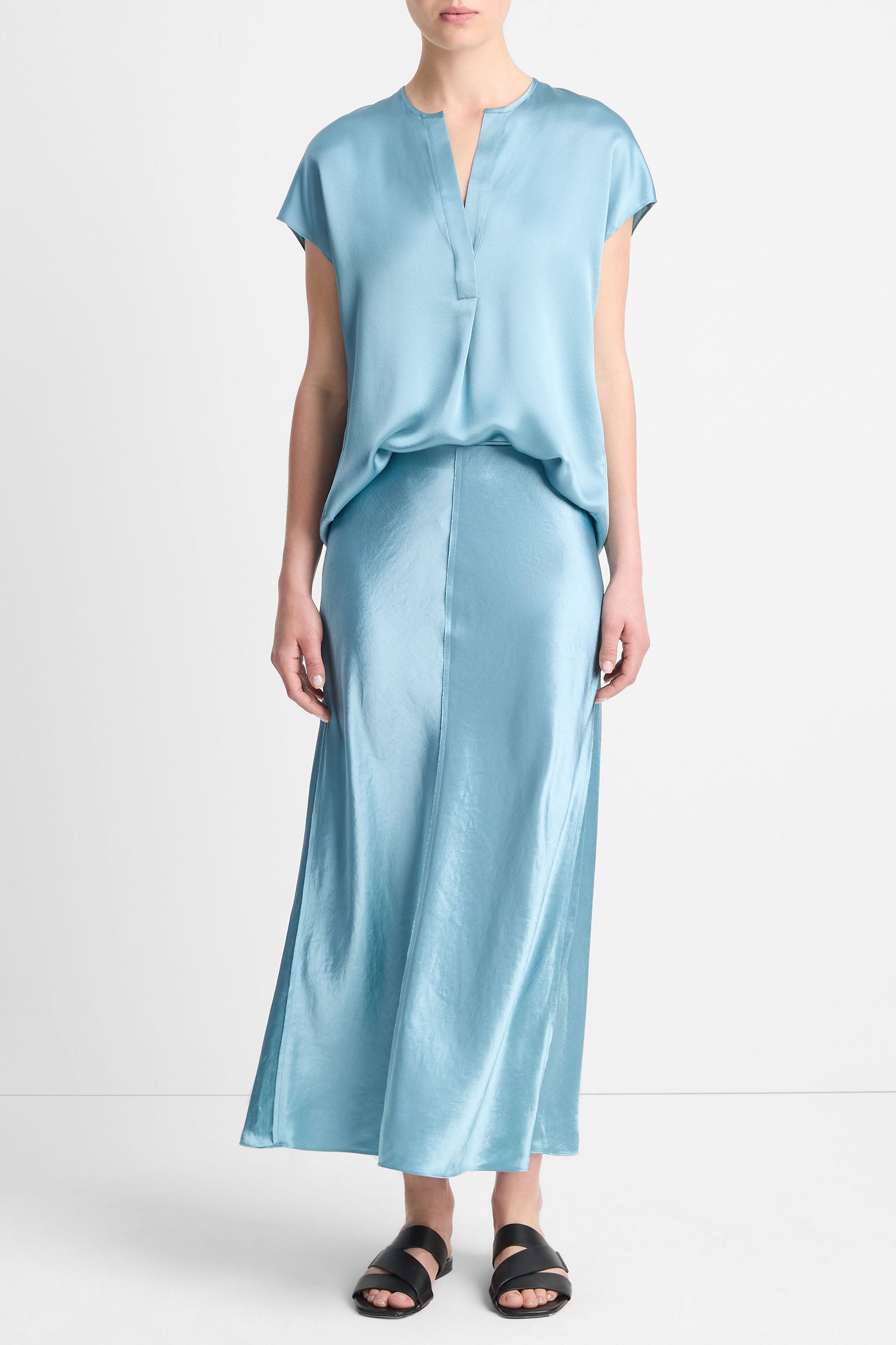 VINCE-Cap Sleeve Half Placket Blouse-