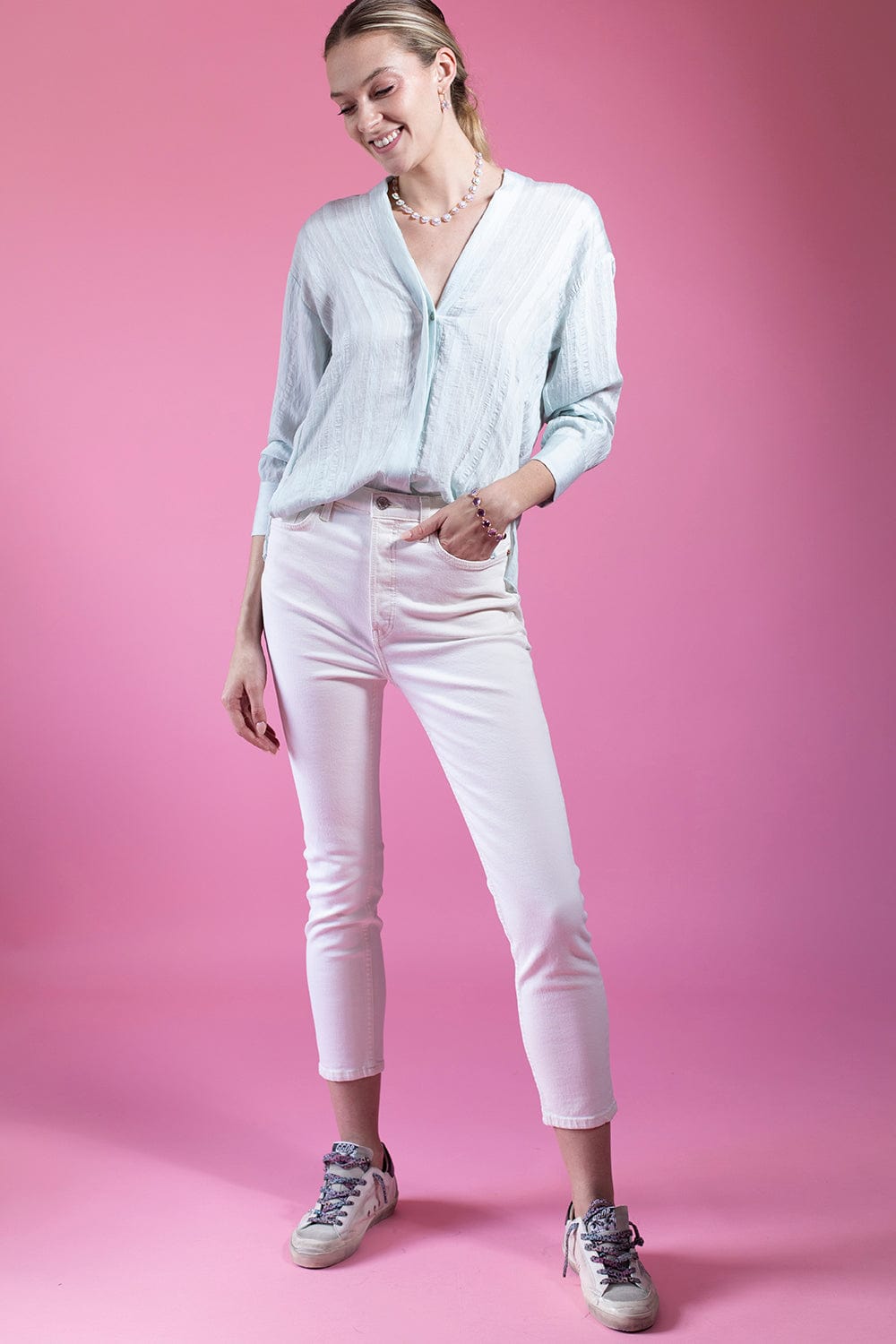 VINCE-Drapey Stripe V Neck Blouse-
